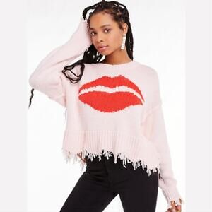 Wildfox First Kiss Luna Lips Soft Luxe Fringe Pink Sweater Size Small